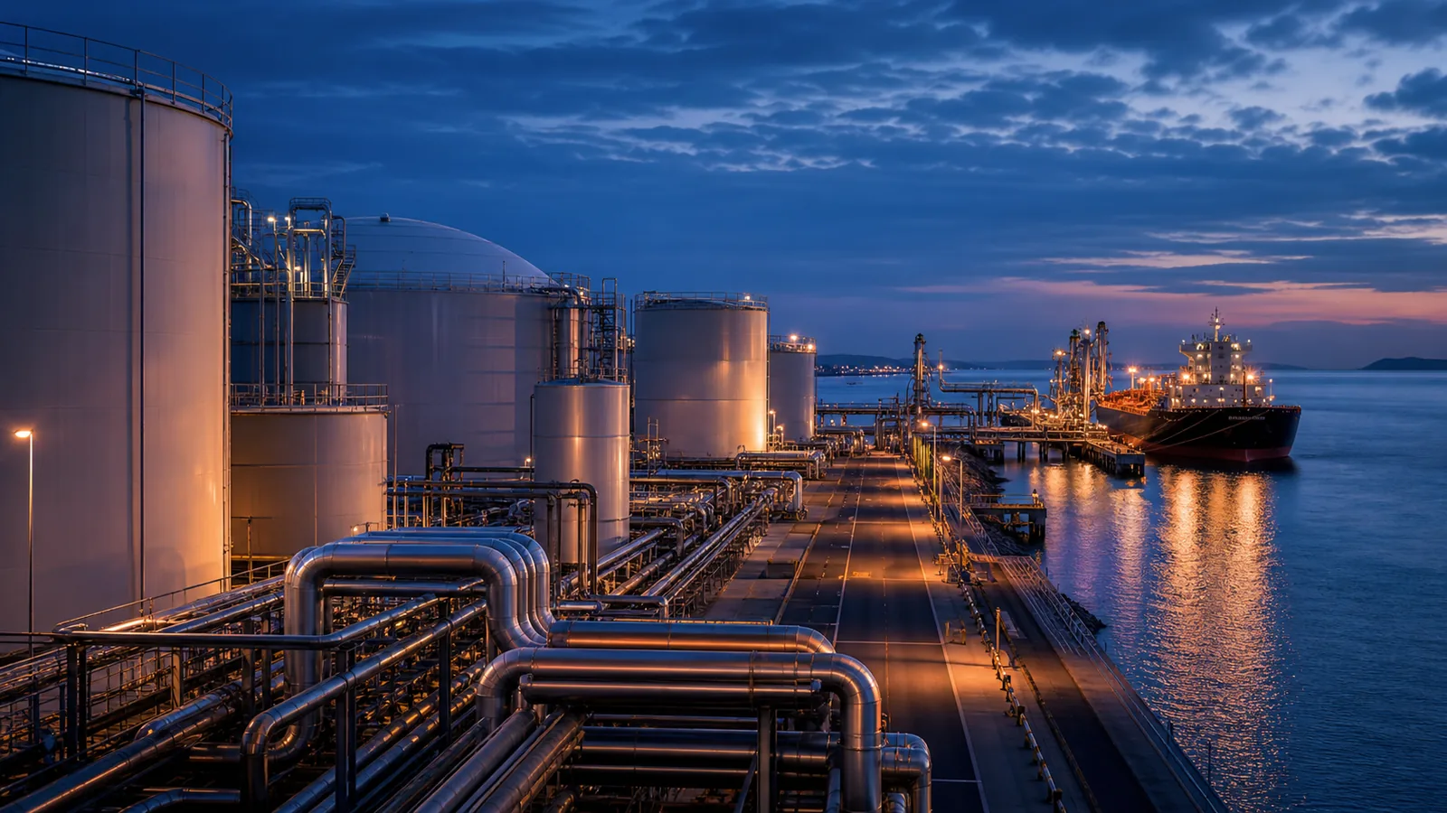 Representative liquid-bulk terminal and tanker infrastructure at blue hour