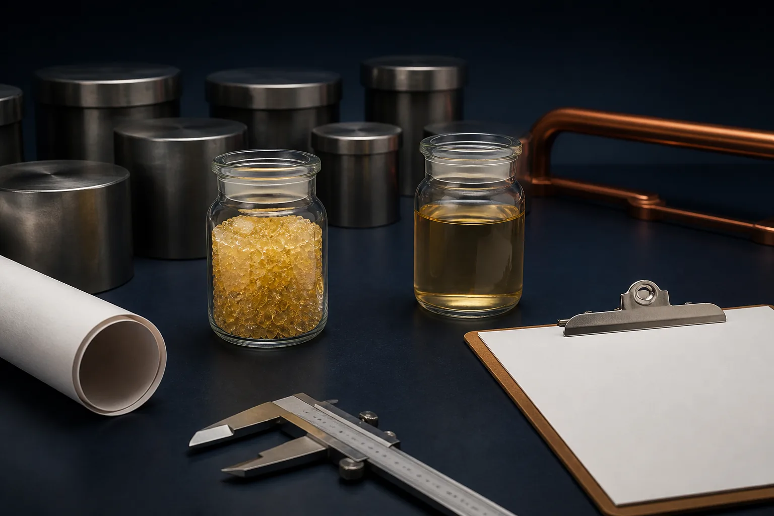 Illustrative industrial product sample review with sulfur granules and base oil